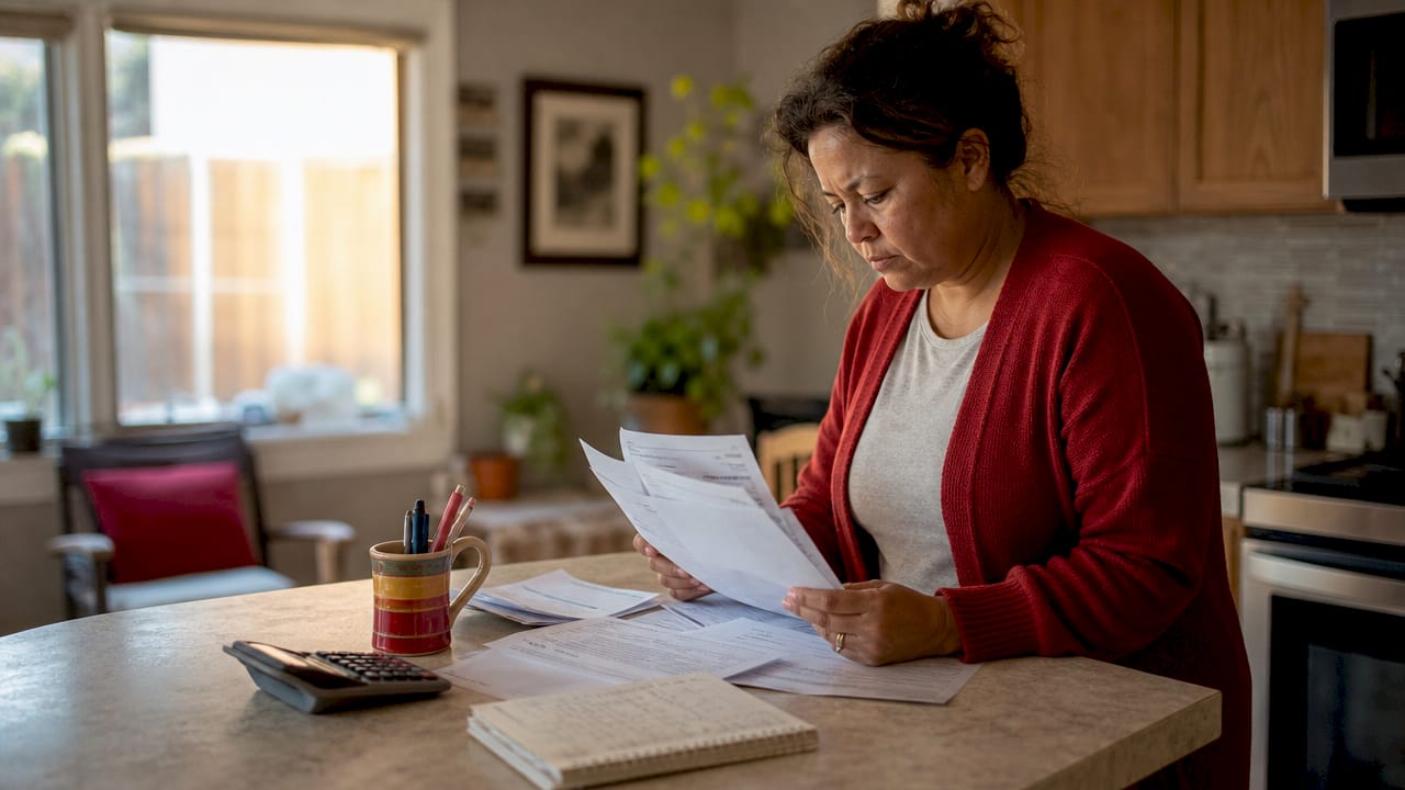 Woman reviewing mortgage documents at home desk