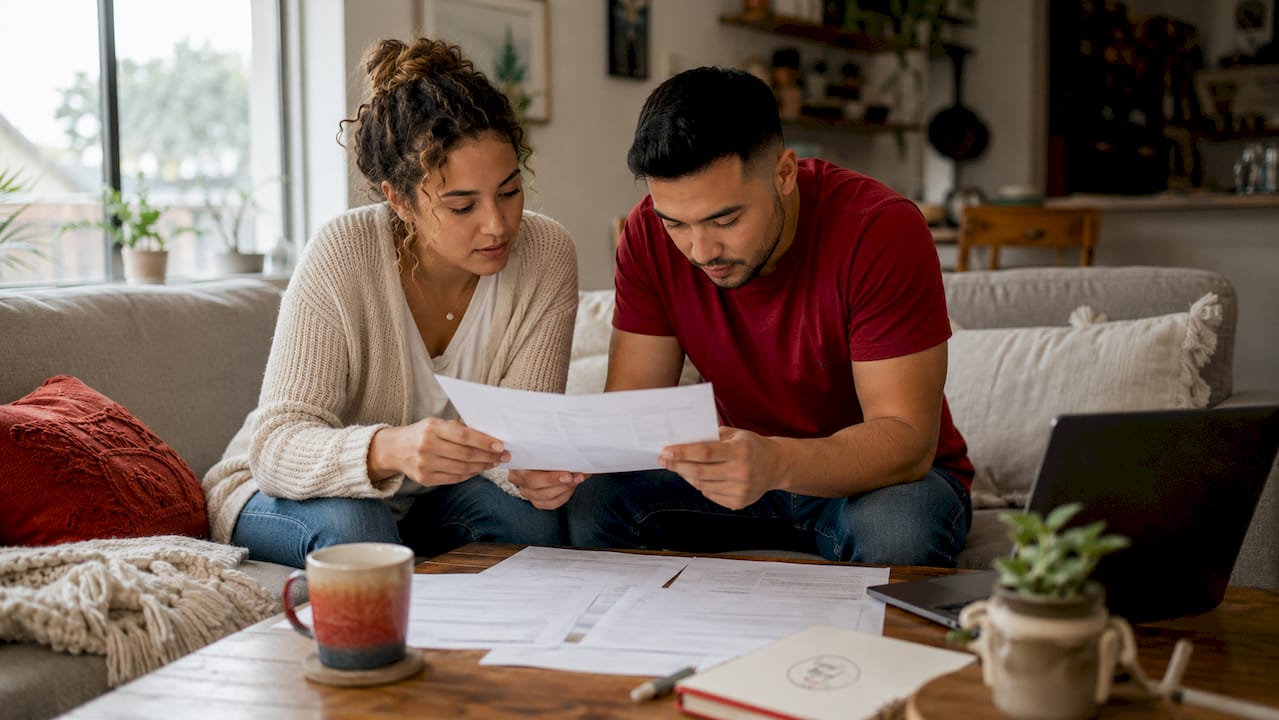 Couple reviewing mortgage papers at kitchen table