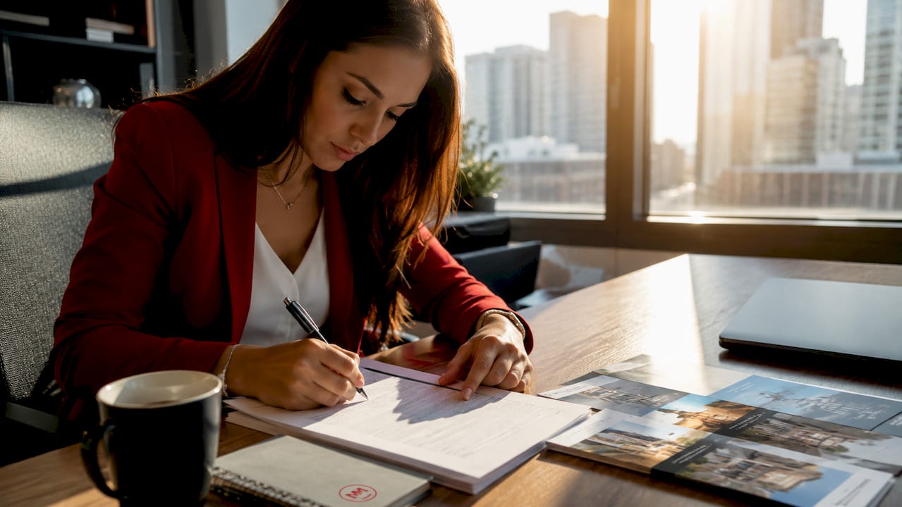 Woman completing mortgage application at home table