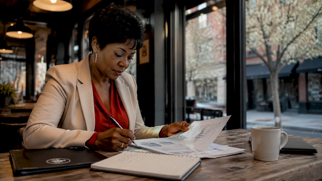 Woman reviewing mortgage credit documents at home
