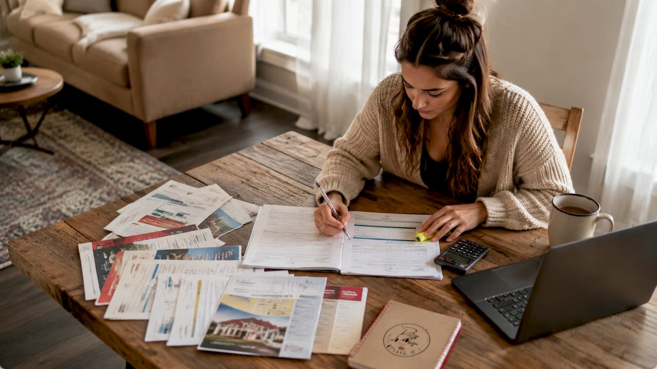 Young woman planning first home purchase paperwork