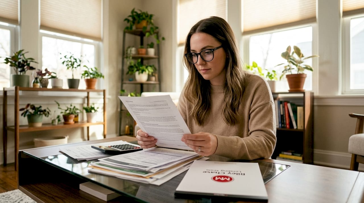 Young woman reviewing closing cost documents at table