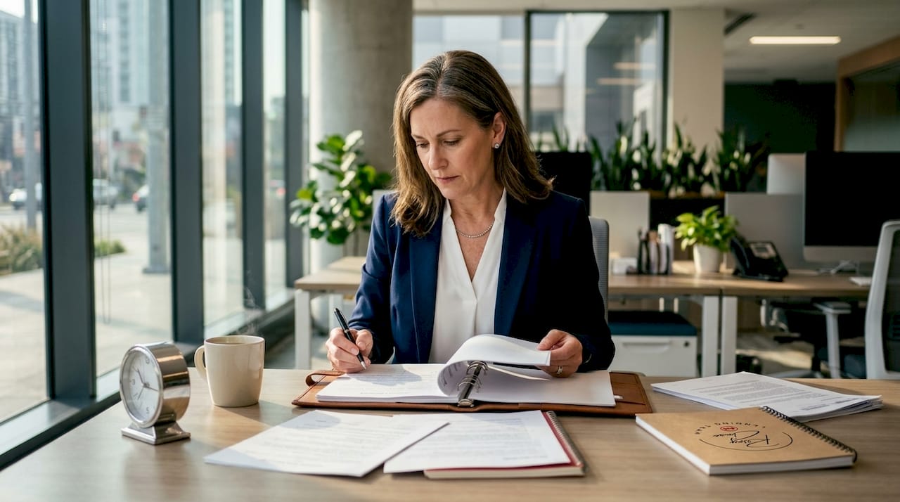 Title company officer reviewing mortgage closing papers