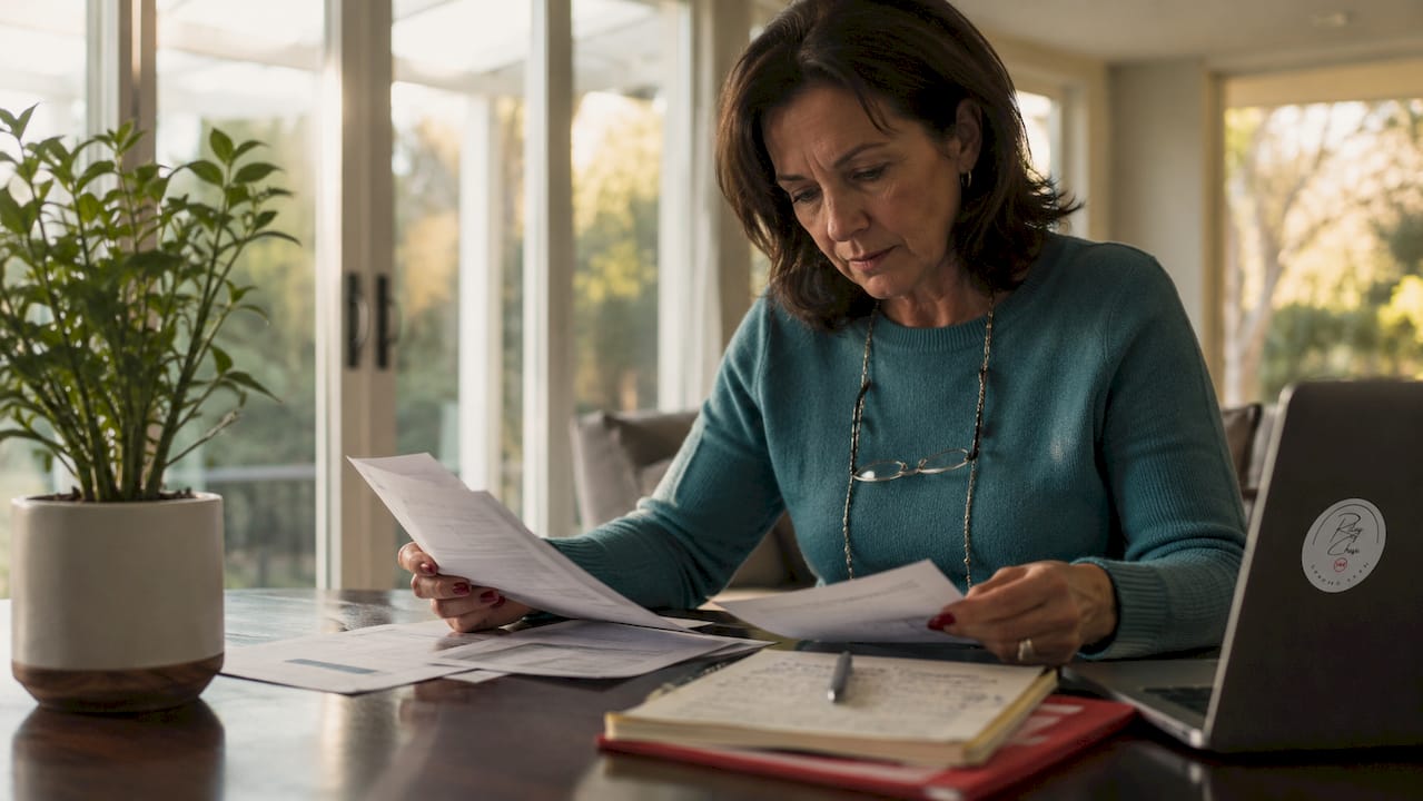 Homeowner reviewing loan documents at kitchen table