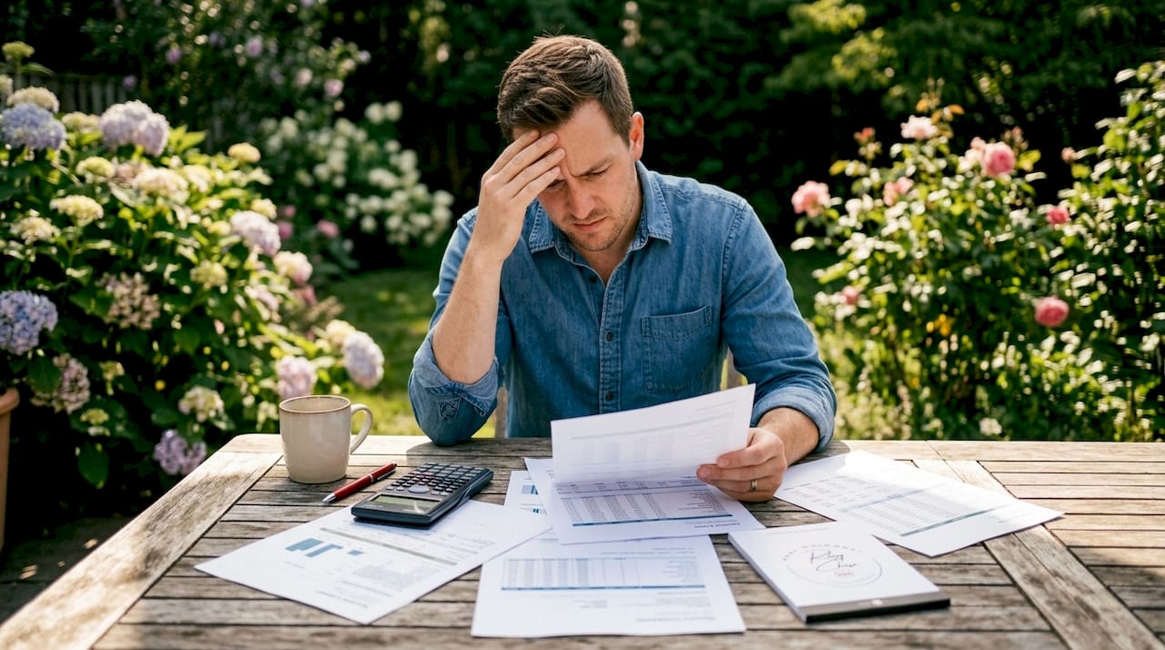 Homebuyer confused by mortgage documents at kitchen table