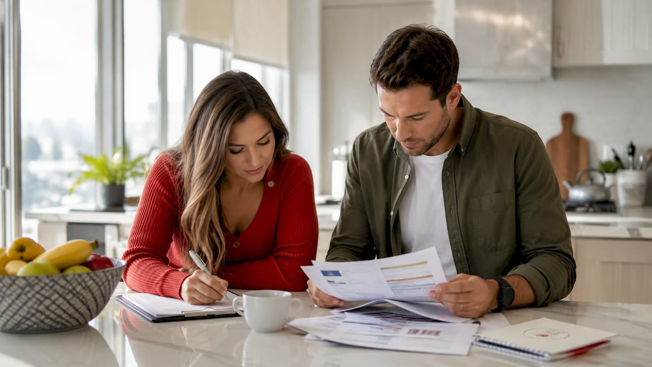 Couple reviewing home purchase paperwork at table