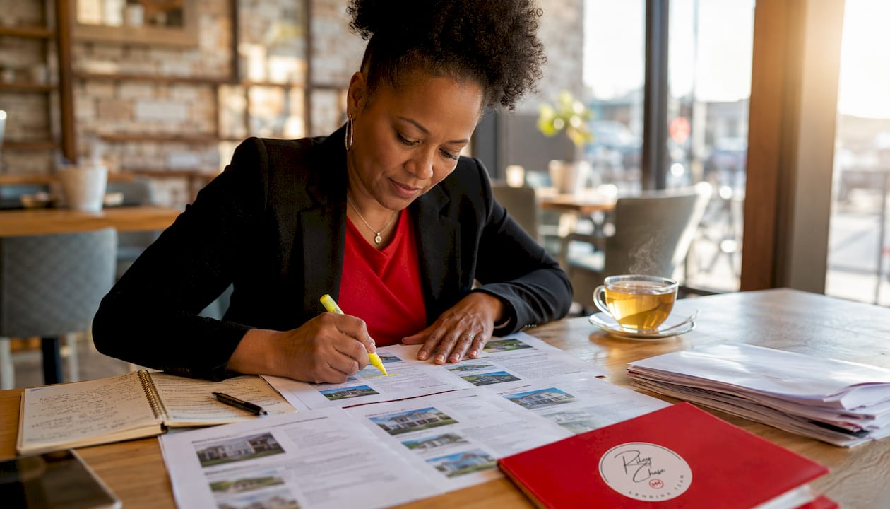 Buyer reviewing HUD home listings at home desk