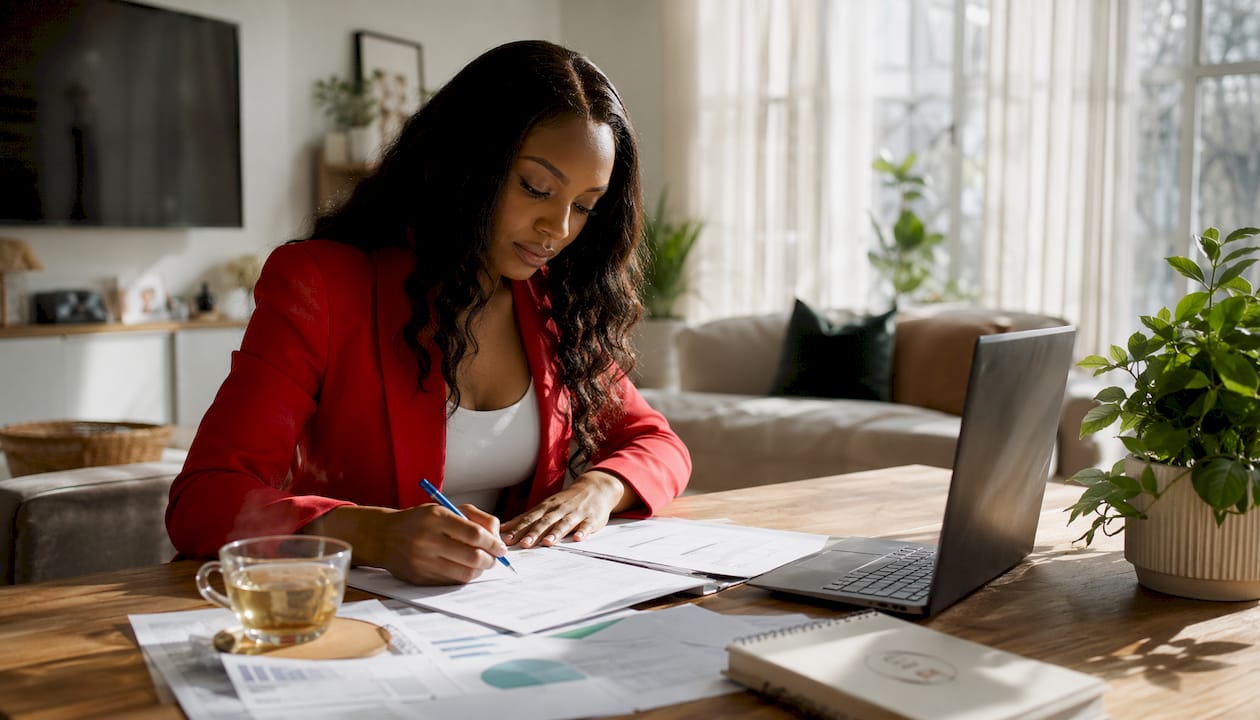 Woman completing mortgage application forms at home