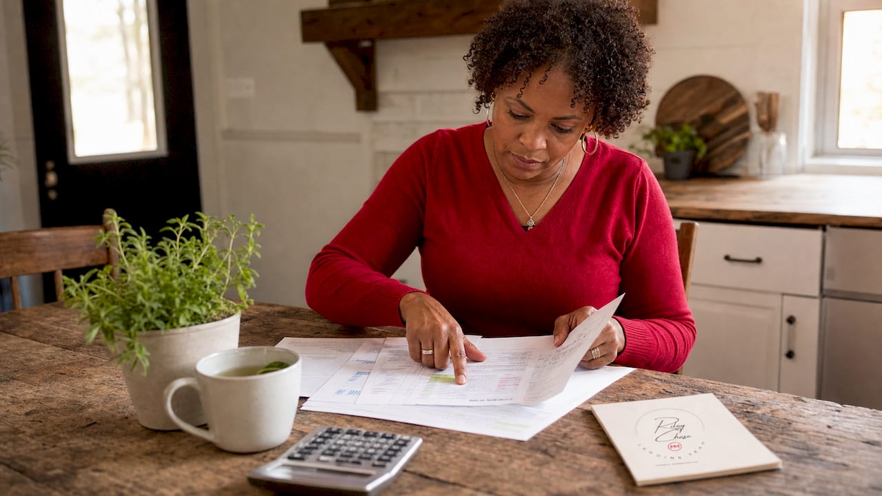 Woman reviewing mortgage and credit papers at home