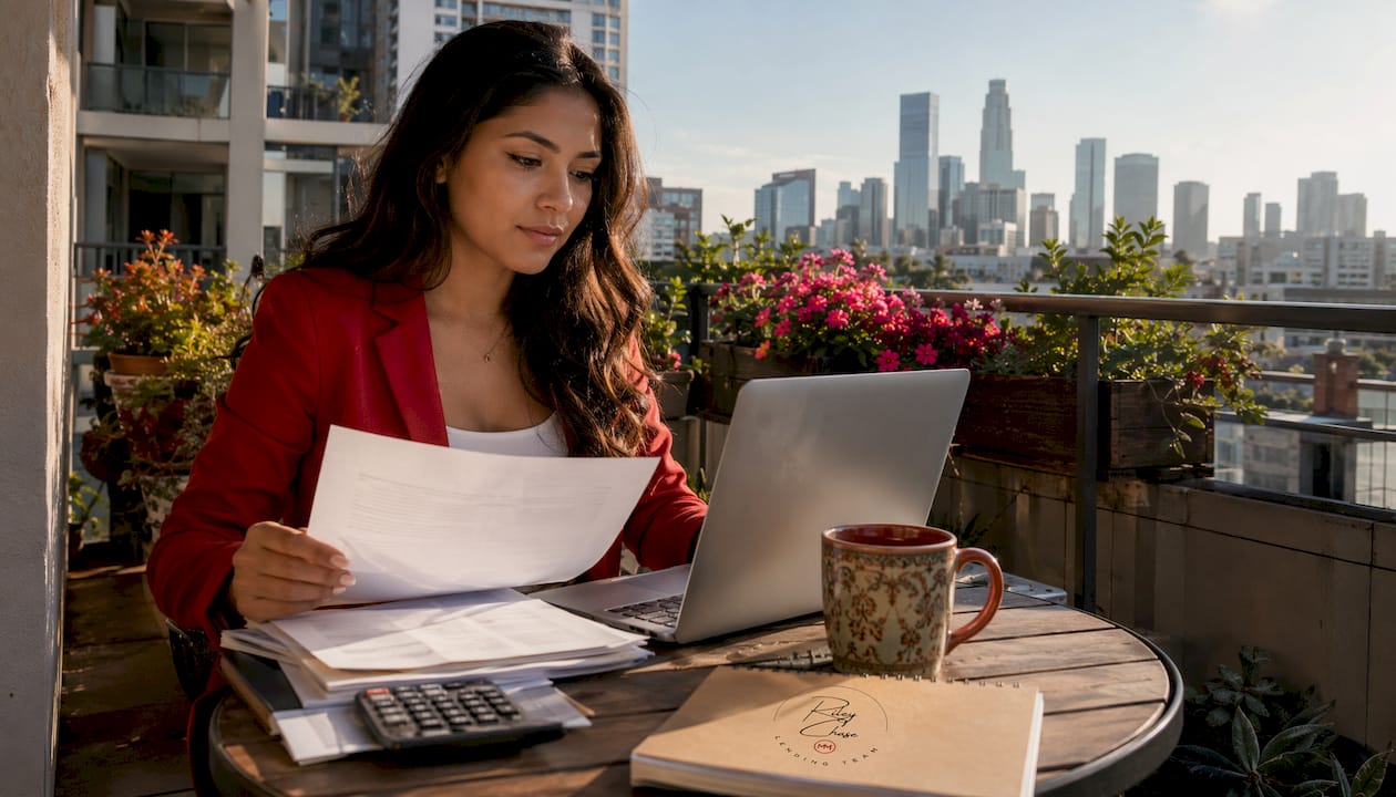 Young woman reviewing mortgage papers at kitchen table