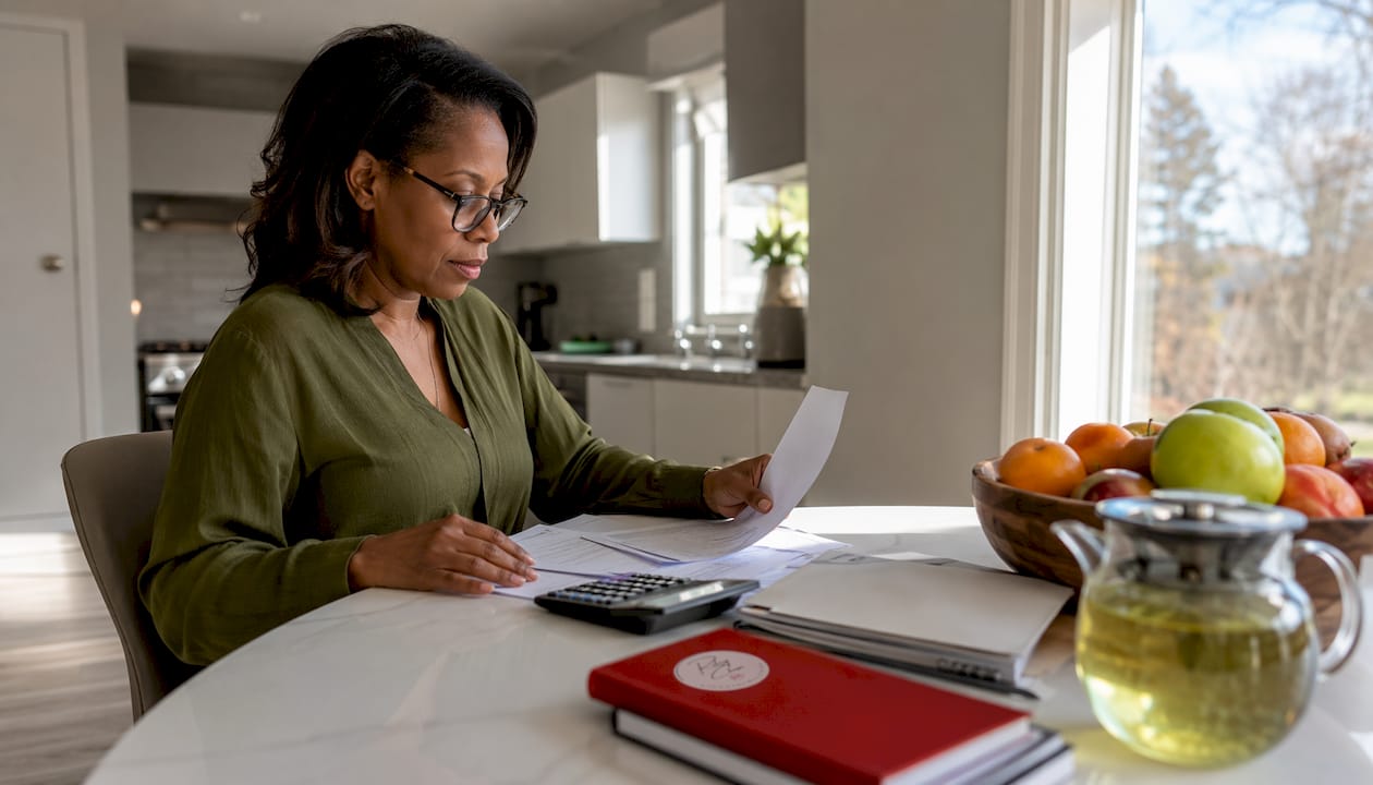 Woman reviewing mortgage refinance documents at desk