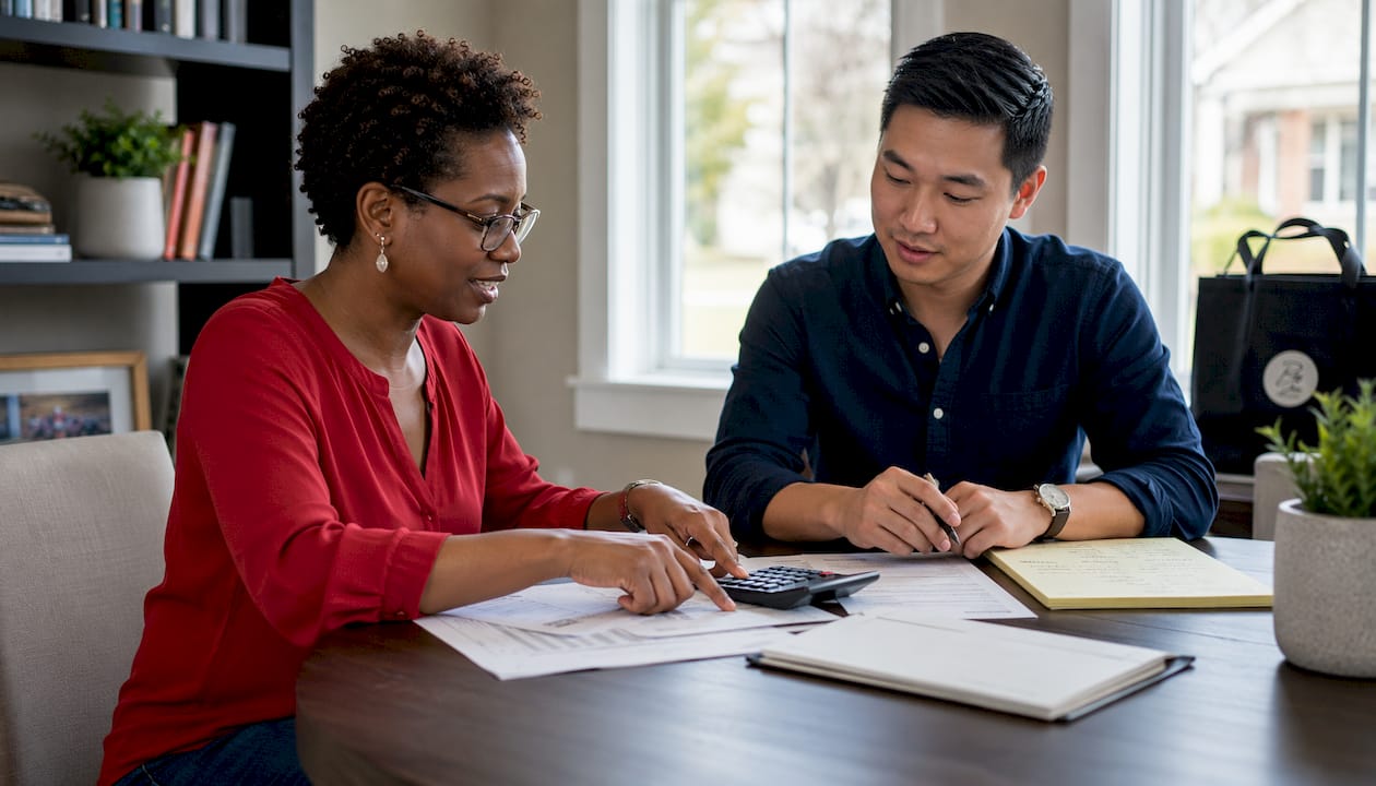 Homeowners reviewing mortgage refinance documents together