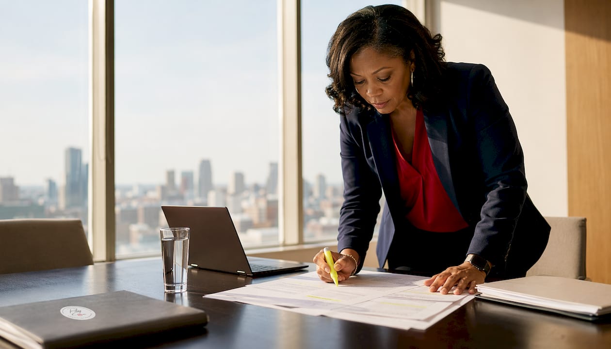 Mortgage broker reviewing documents at desk
