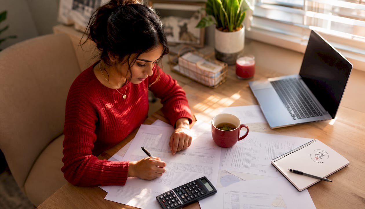 Homebuyer reviewing mortgage documents at kitchen table